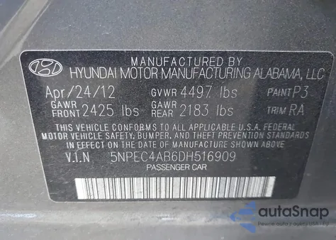 2013 Hyundai Sonata Limited 2.0T z USA, uszkodzony, nr VIN 5NPEC4AB6DH516909